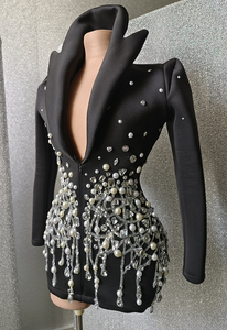 Disfraz de Boutique negro cuello en V perla traje de diamantes de imitación abrigo etapa bailarina desgaste graduación Blazer <span class=keywords><strong>chaqueta</strong></span> mujer Sexy Club <span class=keywords><strong>fiesta</strong></span> Blazer <span class=keywords><strong>vestido</strong></span> - Product Image 2