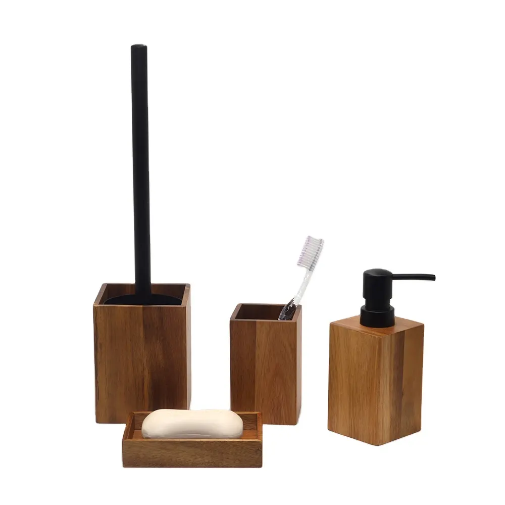 Hotel Wooden Bathroom Set Lotion Dispenser Soap Dishes Toothbrush Cup Toilet Brush