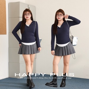 Ensemble deux pièces faux pour femme grande taille Runqi, haut à manches longues bleu marine avec boutons, couleur unie, étiquette incluse - Product Image 3