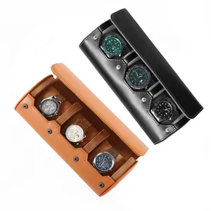 Schwarz 1 2 3 SchlitzหนังReise Uhrenกล่องม้วนLuxus Uhrenrolle 3 Schlitze Uhr Aufbewahrungsboxม้วนหนังPU Reise RLX