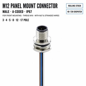 Connecteur M12 mâle DIN à montage sur panneau, câble étanche IP67, connecteur circulaire pour capteur, pigtail, automatisation industrielle, 3, 4, 5, 8, 12, 17 broches - Product Image 1