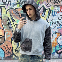 Sweat à capuche zippé personnalisé pour homme, avec empiècements camouflage, coupe courte et ample, style streetwear, vente en gros