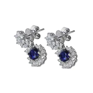 Burma Blue Stone With Zircon Silver Sterling Earring Studs New Trendy Women Sapphire Earrings