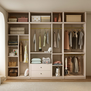 Cream Colored Wardrobe Solid Wood Hanging Area <b>Modern</b> Minimalist Style Light Luxury Glass Door Cabinet Combination Storage - Product Image 1