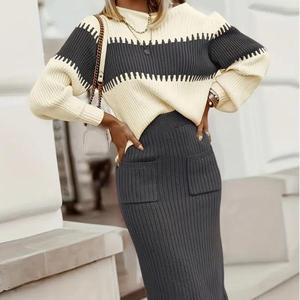Pull en maille colorblock, jupe mi-longue ajustée, ensemble 2 pièces pour femmes, tendance - Product Image 4