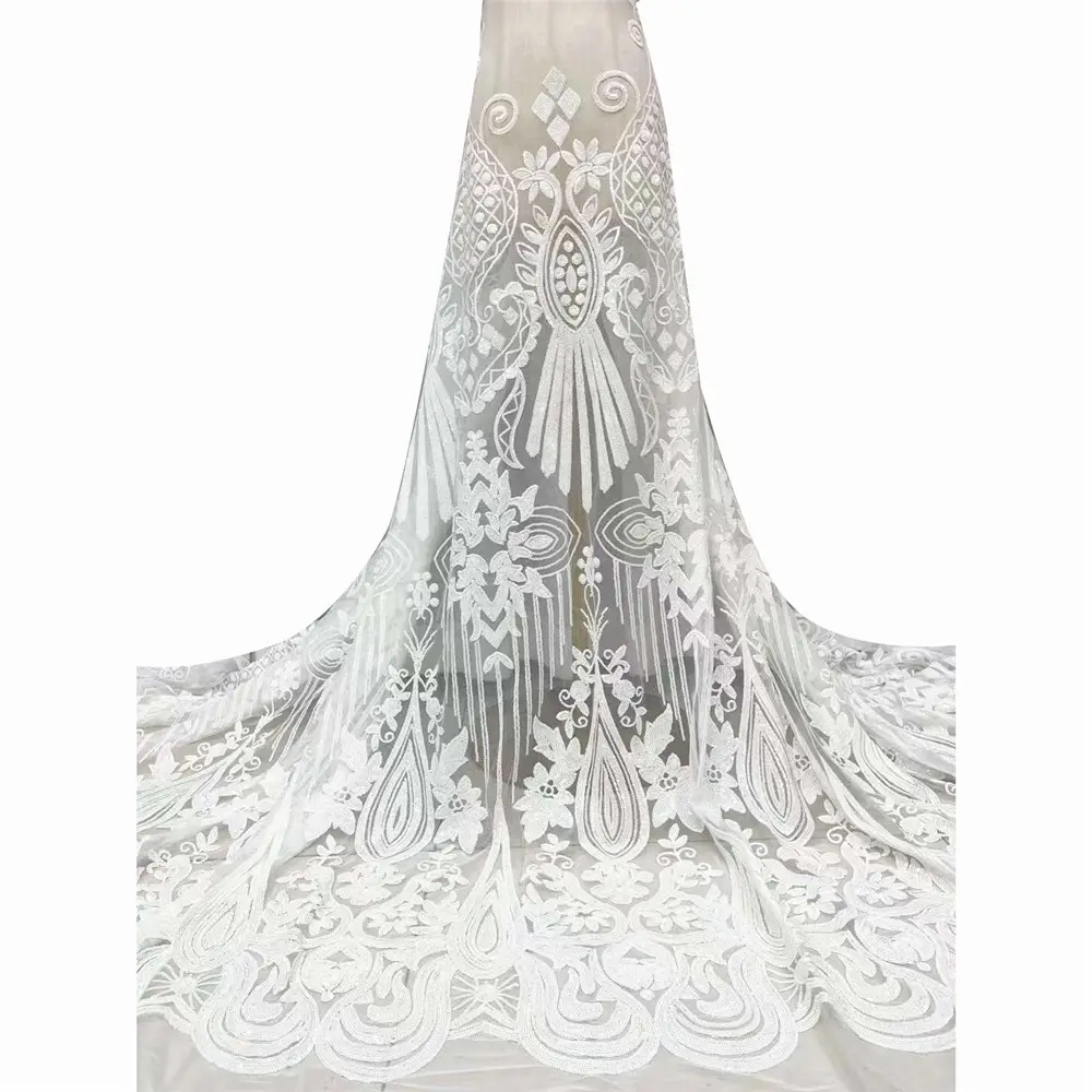 Tissu blanc brodé élégant en dentelle de tulle, nouvelle collection, pour robes de mariée, ML5N812