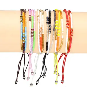 Pulseira de contas de vidro boho coloridas ajustáveis multi-camadas com miçangas de sementes trançadas para mulheres