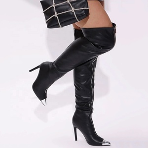 Women's Front Silver Zipper Metal Pointed Toe Long Boots Skintight Thigh High Booties Sexy Dress Stiletto Stage <b>Shoes</b> - Product Image 6