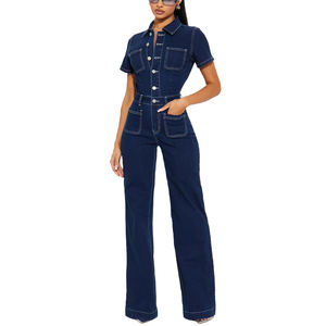 Women's Loose Casual Short-sleeved Pocket Slim-fit Denim Jumpsuit Wide-leg <b>Pants</b> Fashion - Product Image 3