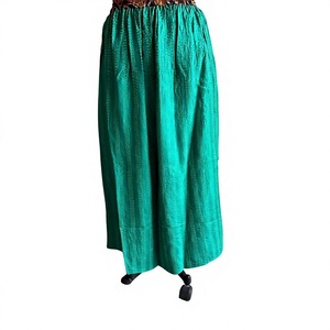 Teal Green Emerald Green Turquoise Metallic Silk ODM Flared <b>Elastic</b> <b>Waist</b> Pleated Ankle-Length Crinkle Fabric <b>Skirt</b> - Product Image 3