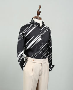 À la mode été formel à manches longues hommes <span class=keywords><strong>chemise</strong></span> noir et blanc imprimé contrasté col carré respirant <span class=keywords><strong>sans</strong></span> <span class=keywords><strong>repassage</strong></span> - Product Image 2