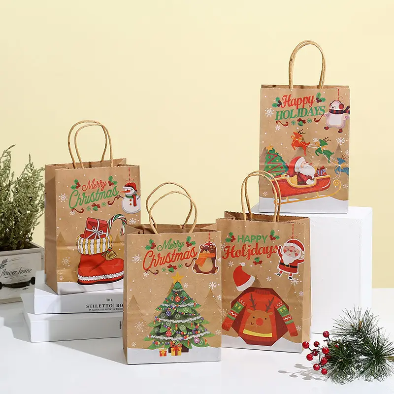Sacchetti regalo di carta per lo Shopping all'ingrosso sacchetto di biscotti di caramelle sacchetto di carta Kraft di natale per confezione regalo sacchetti di carta marrone con manico
