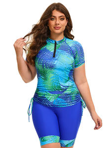 Traje de baño conservador de manga corta de talla grande Traje de baño Capri de una pieza con estampado floral europeo y americano con cordón - Product Image 3