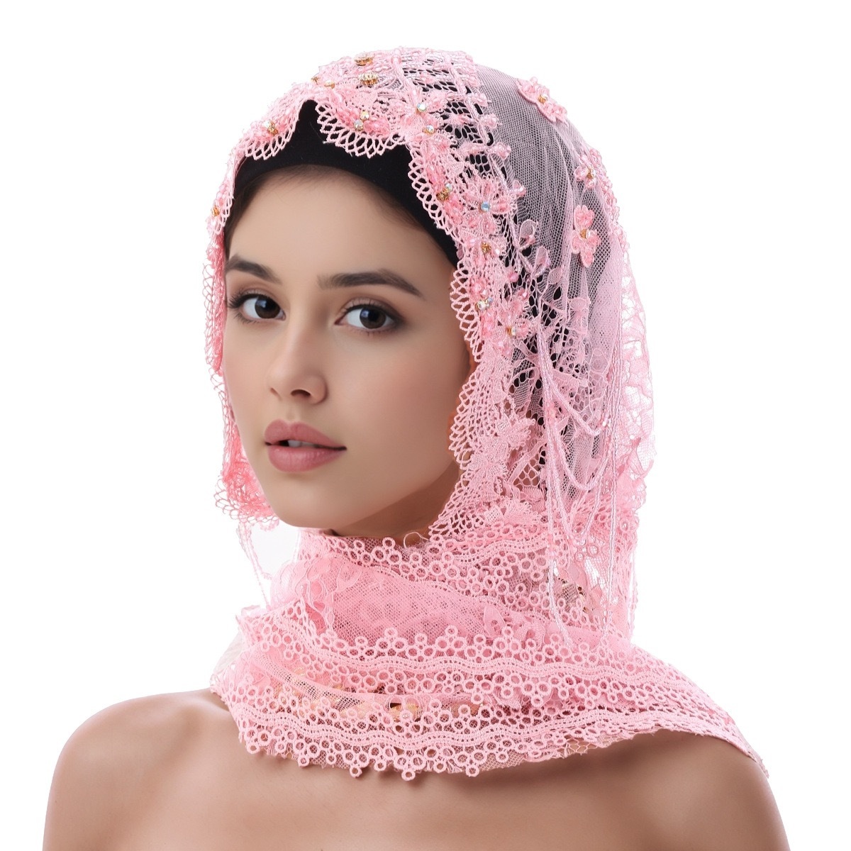 Lace Cape Chiffon Hijab Muslim Women Overlay Shawl Headscarf Saudi