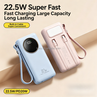 Nouvelle batterie externe portable 22,5W 10000mAh avec logo personnalisé, charge rapide bidirectionnelle Type-C, câbles intégrés, Power Bank 20000mAh