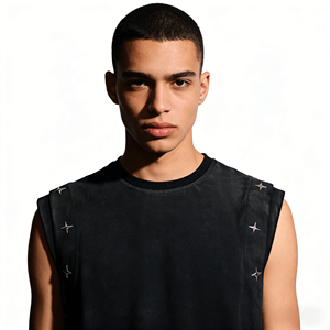 Camisetas sin mangas personalizadas para hombre, estilo hip hop, holgadas, lisas, con pedrería, lavado ácido, 100% algodón, tejido de punto, 280 gramos, transpirables - Product Image 2