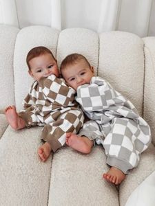 Baju renang One-Piece bayi French Terry musim semi musim gugur pola petir kotak-kotak Romper lengan panjang ukuran besar - Product Image 2