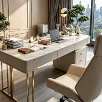Bureau de direction moderne de luxe avec plateau en marbre, portable, écologique, avec armoire latérale de rangement, pieds en métal doré, pour bureau à domicile
