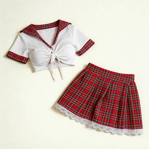 Plus-size <b>Sexy</b> Lace Plaid Pattern Student Uniform Seductive Two-piece Cosplay Lingerie <b>Set</b> European/American Cross-border - Product Image 3