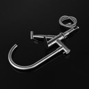 304 Stainless Steel Single-hole Cold and Hot Brushed Nickel-colored Kitchen Pull-out Rotating <b>Spray</b> Gun Faucet - Product Image 5