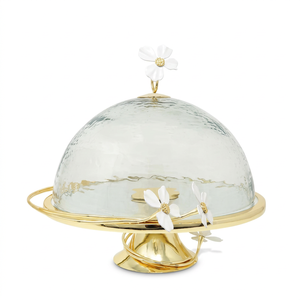 Soporte para tartas con cúpula de cristal de aspecto moderno con base de metal plateado, cubierta poligonal para exhibir postres. - Product Image 1