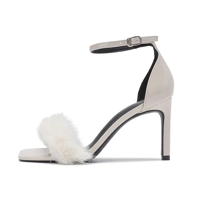 XINZI RAIN 2023 New Summer Sandals Shoes Square Toe 8cm Thin Heel Women Heel Sandals With Fur
