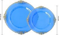 Assiettes rondes bleues avec bordure en dentelle dorée royale, assiettes en plastique de qualité supérieure, ensemble d'assiettes de présentation, assiettes jetables pour mariage, pour 50 invités