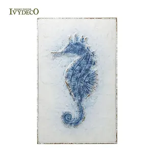 IVYDECO गर्म बिक्री आधुनिक दीवार सजावट कला नीले सफेद समुद्री श्रृंखला 3D धातु Seahorse दीवार कला