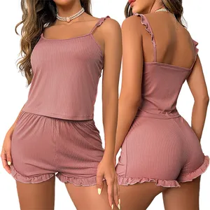 Garment Manufacturers Pajama Set Summer Sexy Casual Night Dresses for Woman Sleeping Shorts Pajamas Round Neck Knitted