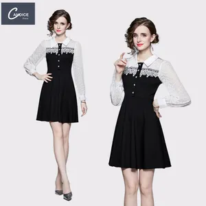 Candice fashion top quality boutique long sleeve splicing lace vintage lace a line mini dress women 2022