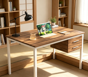 Bureau d'<span class=keywords><strong>ordinateur</strong></span> avec tiroir, plateau en bois tendance, table de jeu et d'étude, cadre en acier pour chambre à coucher, bureau à domicile VLranlife - Product Image 1