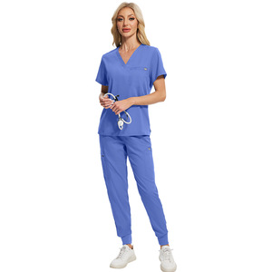 Conjuntos de uniformes personalizados enfermera nuevo diseñador Ceil azul mujeres cuidado Spa uniforme enfermería estiramiento Scrub en Stock - Product Image 5