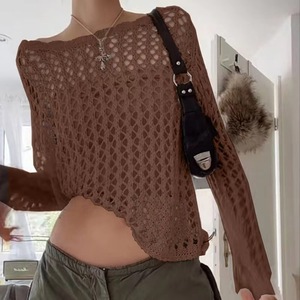 Suéter de punto calado con cuello redondo y cordones para mujer, talla grande, holgado, de manga larga, color liso, ropa exterior, novedad 2026 - Product Image 2