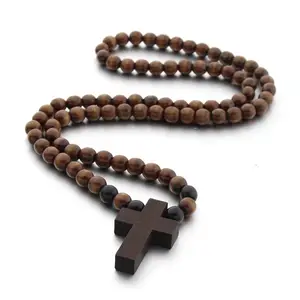 Customization 8mm Wood Rosary Cross Rosary Necklace Wooden Pendant