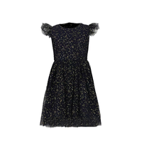 Vestido de malla brillante con estrellas para niñas, azul marino con estampado de estrellas doradas, manga con volantes, botón metálico en la espalda, atuendo formal para niñas, para bodas o damitas de honor.