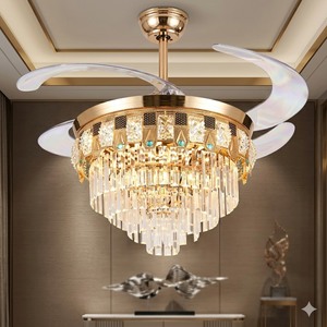 Ventilateur de plafond LED élégant en cristal doré avec pales rétractables, télécommande, lumière silencieuse, style lustre pour la décoration intérieure - Product Image 5