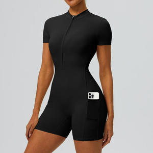 JY 2026 New Summer Yoga <strong>Jumpsuit</strong> <strong>for</strong> <strong>Women</strong> Half Zip <strong>Short</strong> Sleeve One Piece Workout Romper Side Pocket Stretchy Athletic Bodysuit - Product Image 5