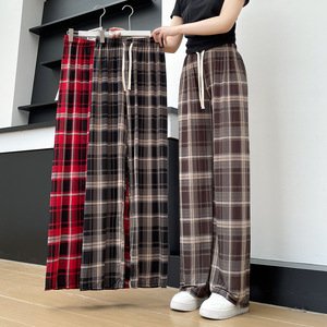 Nouveau <span class=keywords><strong>pantalon</strong></span> décontracté d'été 2026 en soie glacée à <span class=keywords><strong>carreaux</strong></span> pour <span class=keywords><strong>femme</strong></span>, marron rétro, taille haute, coupe ample, jambe large, devant plat, longueur au sol - Product Image 1