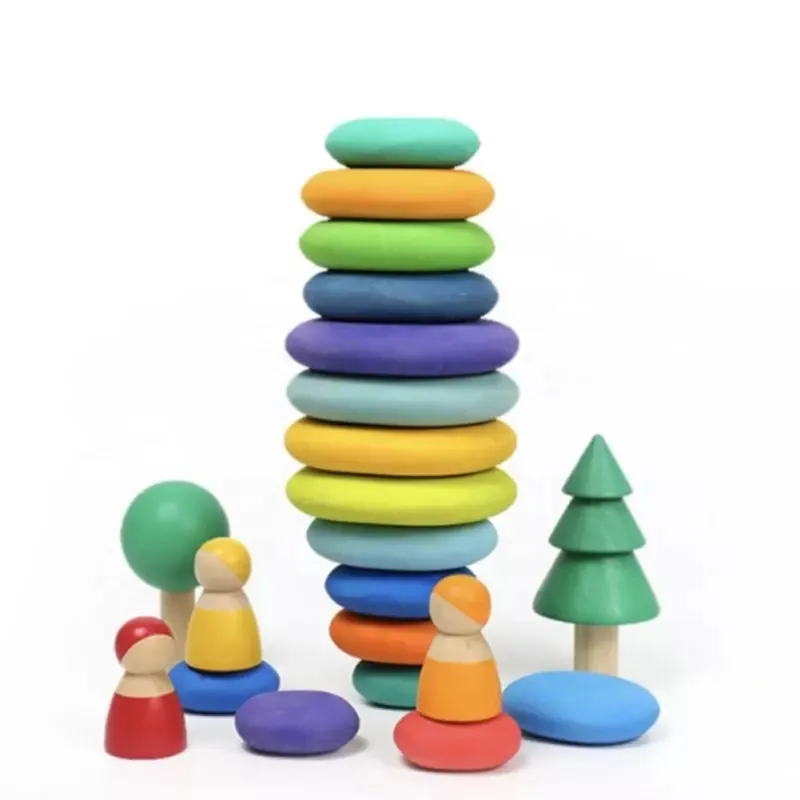 Rainbow Cobblestone Baby Grimms Game Stones Pebble Shape Natural Wood Stacking Wooden Toys