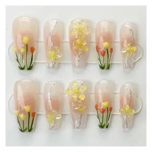 Çıplak uzun tabut kare kızlar el yapımı tam kapak basın yanlış sahte yapay tırnaklar İpuçları 3D çiçek Nail Art etiketler