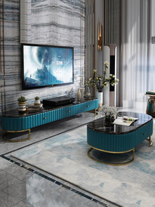 Bàn Cà Phê Màu Trắng Và Vàng Đá Phiến Nhà Máy Bàn Cà Phê Hiện Đại Tròn Hình Bầu Dục Bằng Gỗ Với Giá Đỡ Tv - Product Image 3