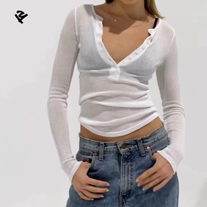 F240387 produttori di abbigliamento su misura maglia bianca mezza abbottonata t-shirt da donna autunno 2025 <span class=keywords><strong>vestiti</strong></span> donna manica lunga scollo a V - Product Image 3