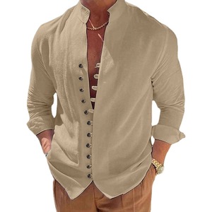 Camicie Henley Vintage da Uomo a Maniche Lunghe con Bottoni, Vestibilità Ampia, Colletto Rovesciato, Tessuto Elasticizzato in <span class=keywords><strong>Lino</strong></span>/Cotone - Product Image 5