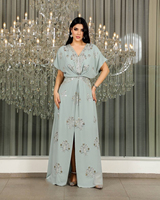 Robe kaftan marocaine, coupe trapèze, manches courtes, taille élastique, perles de cristal, col en V, robe de soirée florale pour femmes musulmanes