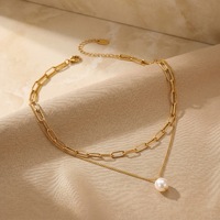 Collar de Cadena con Clip de Doble Capa y Colgante de Perla, Acero Inoxidable 316L, Oro 18K PVD, Hipoalergénico para Mujer