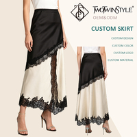 Jupe midi élégante noire avec empiècements en satin blanc pour femme, asymétrique, avec bordure en dentelle, taille haute, fente, décontractée, pour dîner ou soirée, vente en gros