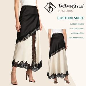 Elegante <span class=keywords><strong>Gonna</strong></span> Midi <span class=keywords><strong>Nera</strong></span> <span class=keywords><strong>con</strong></span> Inserti in Raso Bianco, Asimmetrica <span class=keywords><strong>con</strong></span> Bordo in Pizzo, Vita Alta, <span class=keywords><strong>Spacco</strong></span>, per Occasioni Casual e Cene, Vendita all'Ingrosso - Product Image 1