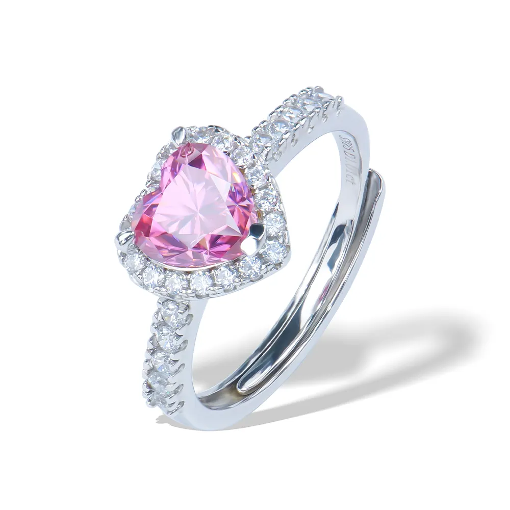 Precio de fábrica 1ct moissanite Piedra Rosa en forma de corazón boda 925 anillo de dedo de compromiso de diamante de plata esterlina para mujeres