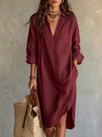 Robe chemise en lin unie avec col cranté, décolleté en V profond, manches retroussées, tenue décontractée pour femme, coupe ample, longueur genou