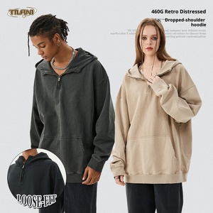 Nuova <span class=keywords><strong>Felpa</strong></span> con Cappuccio Autunno Inverno in 100% Cotone Terry 460g Anti-Pilling con Decorazione a Cerniera e Design con Bordi Sfrangiati - Product Image 1